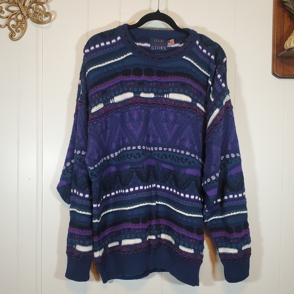 Vintage 3D Knit 80's Purple Green Abstract Pattern Cotton Sweater